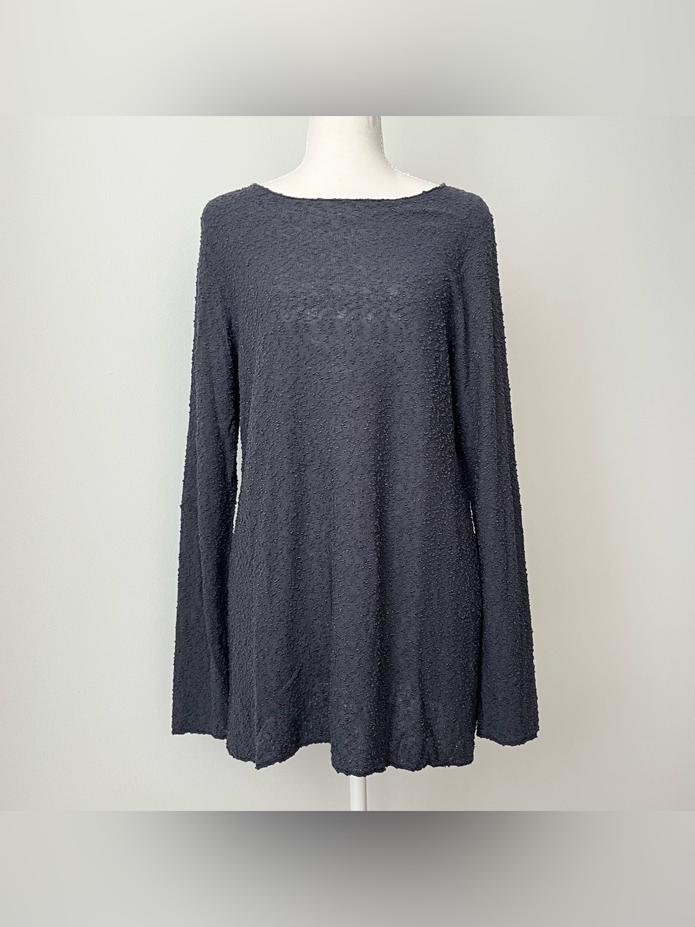 Vintage Eileen Fisher Women's Nubby Knit Tunic Top Size L Gray Sheer Minimalist